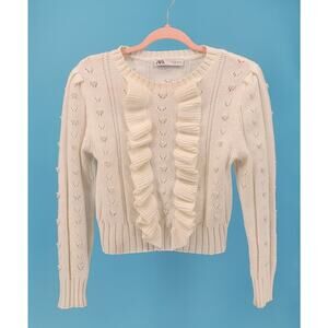 Zara Womens S/Girls L Cream Knit Pearl Ruffled Long Sleeve Pullover Sweater